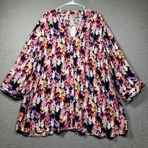 Avenue Top Women's Plus 30/32 Purple Print Long Sleeve Roll Tab‎ Flowy Button Up